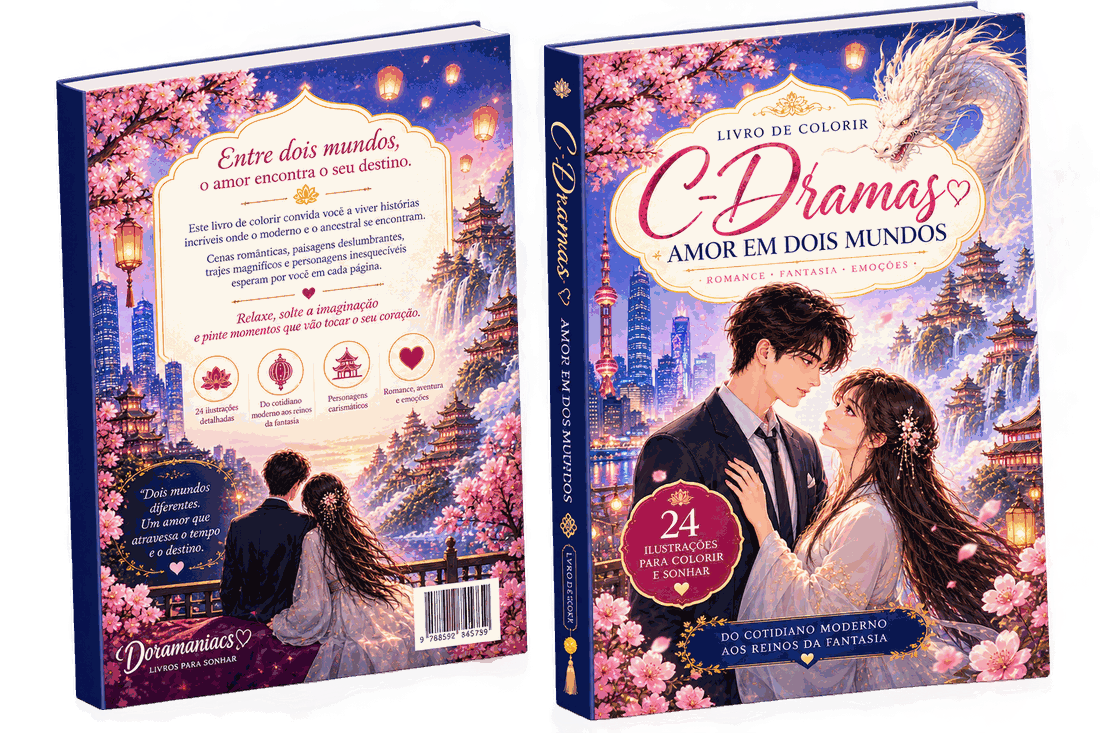 Capa e contracapa do livro de colorir C-Dramas: Amor em Dois Mundos